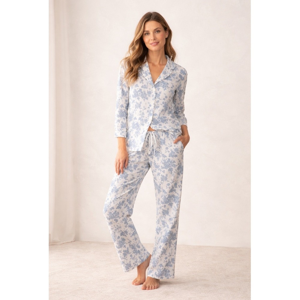 Ella Simone Blue Floral 100% Cotton Pajama Set Top Pants XS Sleepwear
